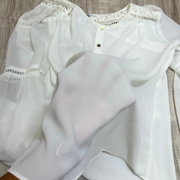 White House Black Market Sheer Chiffon Eyelet Lace Yoke Blouse/Tie Sleeves Sz 10 - Picture 13 of 14